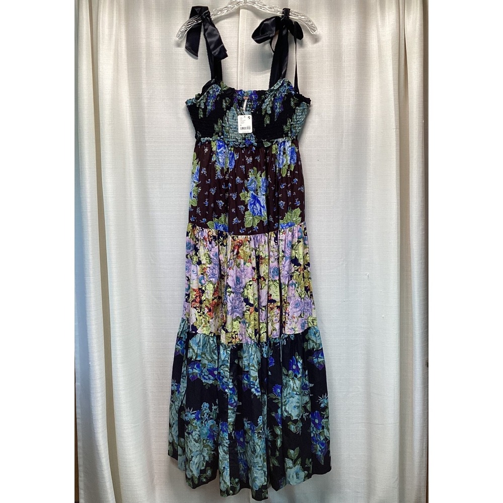 Free People Bluebell Maxi Dress Floral Smocked Tiered M Cottage Prairie Festival